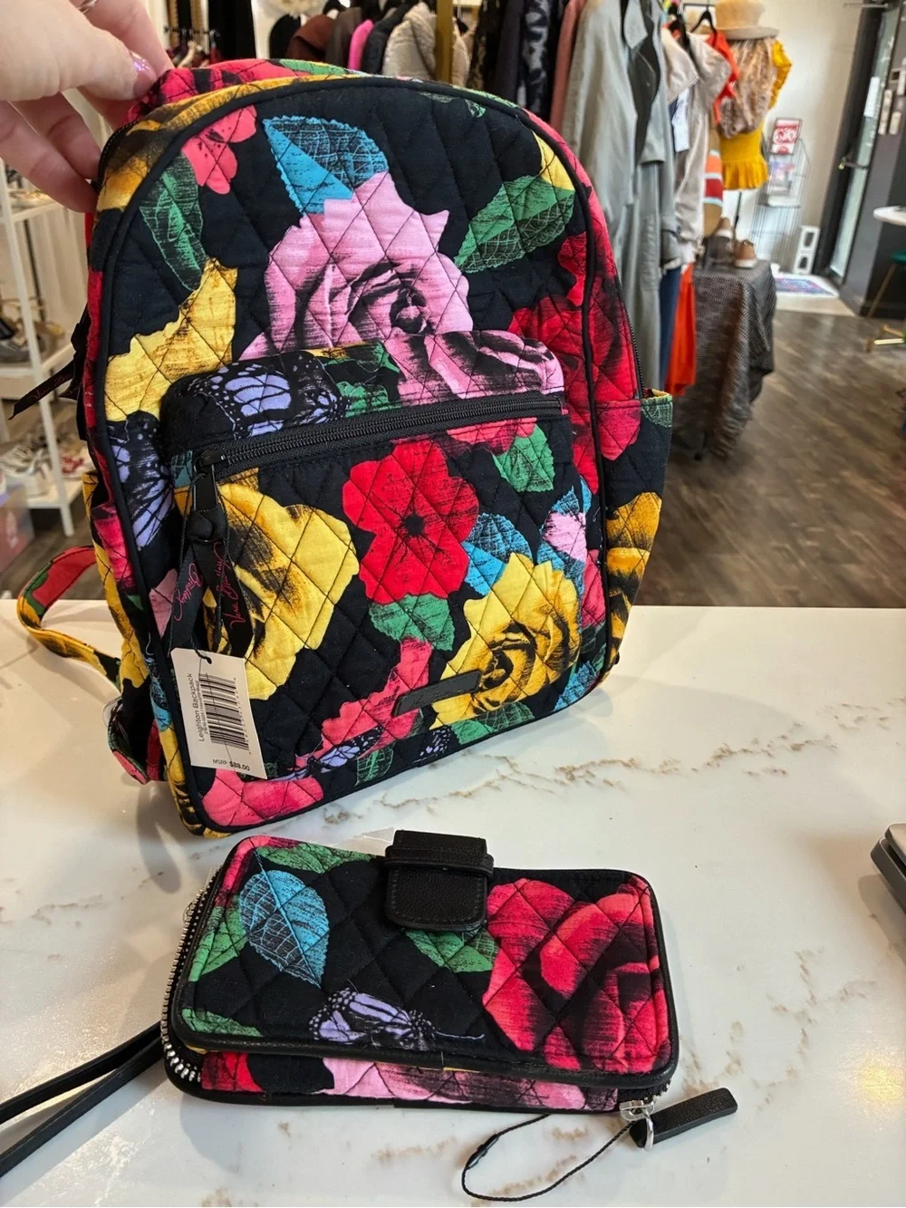 Vera Bradley Quilted Floral Mini Backpack and Wallet Set - Black Multi NWT